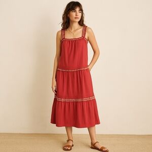 Old Navy Embroidered Herring Red Ruffle Strap Midi Dress Sz L | Boho Cottagecore